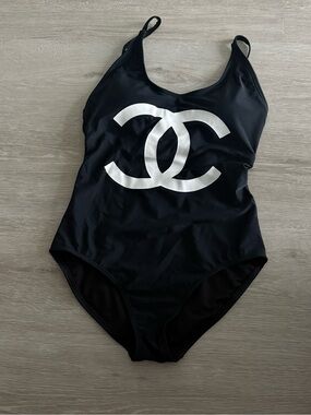 Black One-Piece Swimsuit with White Logo